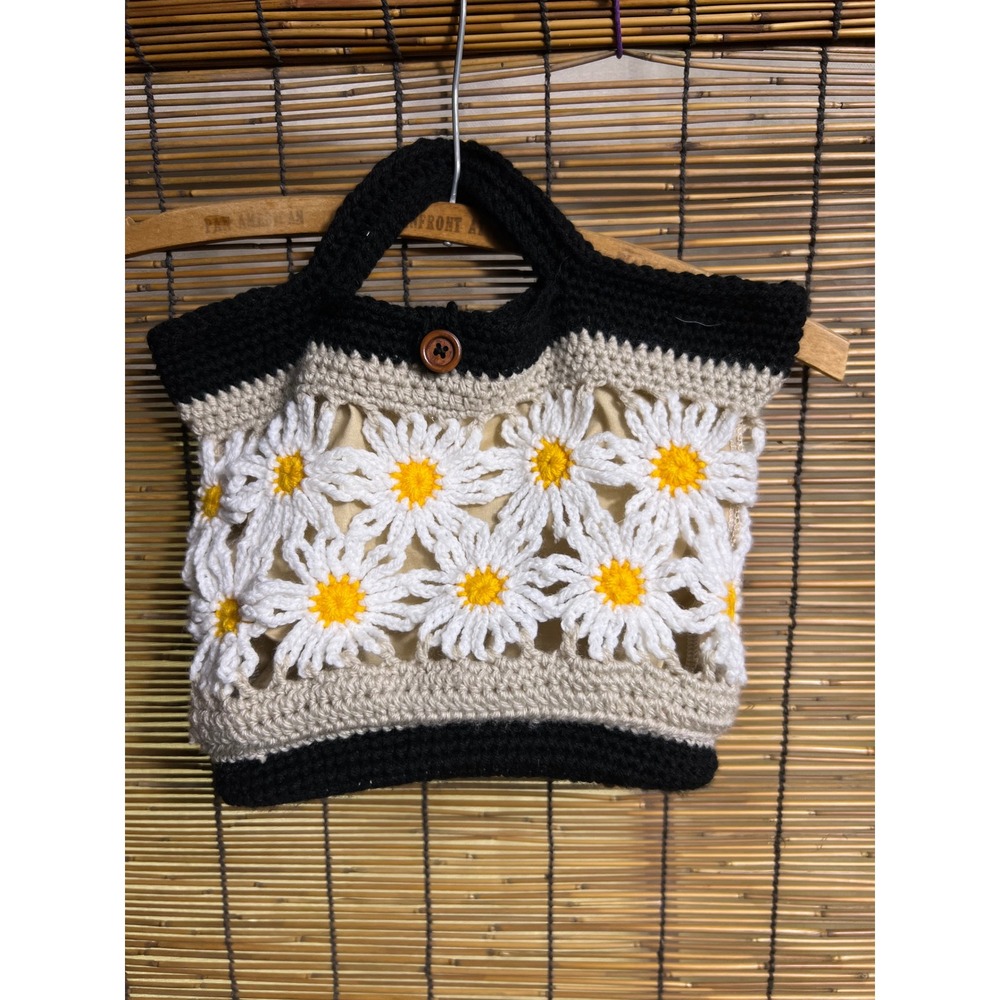 Handmade Crochet Daisy Tote Bag Black Cream Floral Boho Button Handbag